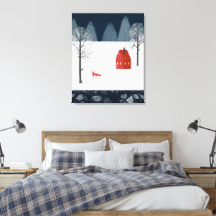 Toile Renard rouge dans la neige près Maison rouge dans