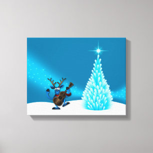 Toile Renne Dansant Guitare Joyeux Noël Arbre Bleu