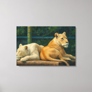 Toile Repos surveillé - Paire de lions dans le cadre du