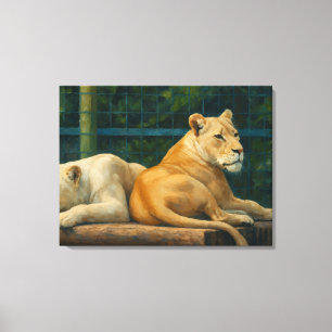 Toile Repos surveillé - Paire de lions dans le cadre du