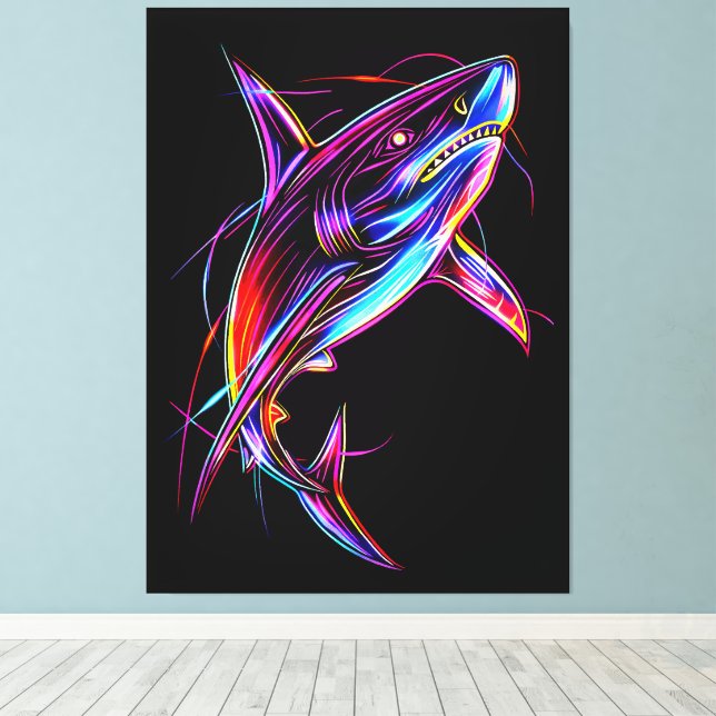 Toile Requin Néon Vibrant Océan Digital Moderne (Insitu (Plancher de Bois))