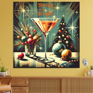 Toile Retro 50s Joyeux et Lumineux Martini de Noël