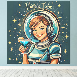 Toile Rétro Futuriste Astro Fille Martini Time
