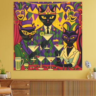 Toile Retro Futuriste Mardi Gras Black Cat Martini Club