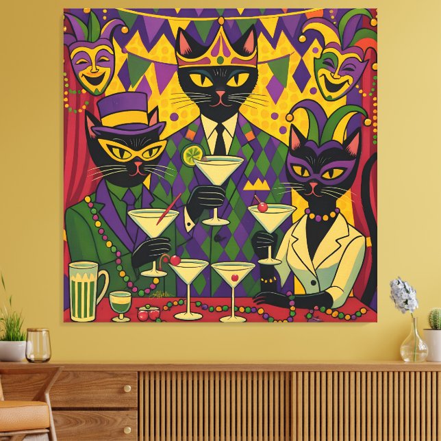 Toile Retro Futuristic Mardi Gras Black Cat Martini Club (Insitu(Salon))