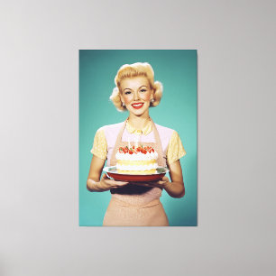 Toile Retro Maman tient un gâteau de fête