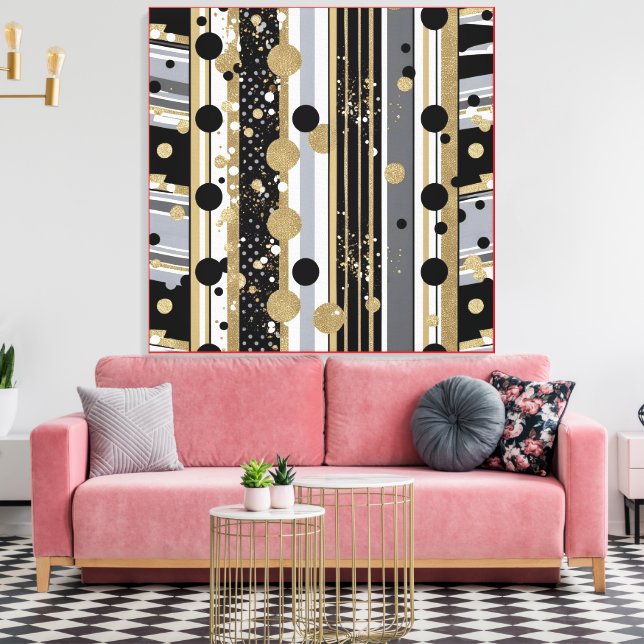 Toile Rétro-moderne, points noirs, gris et or (Insitu(Salon))