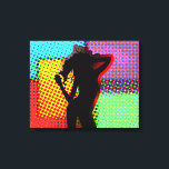 Toile Retro Pop Art Halton Super Danser<br><div class="desc">Une oeuvre d'art pour un environnement moderne ce pop art rétro branché a inspiré une image mi-teinte avec la silhouette d'une dame dansante sur un arrière - plan coloré.</div>