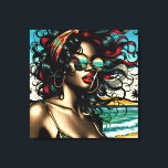 Toile Retro Woman on Beach Comédie Style Pop Art<br><div class="desc">Une jolie femme afro-américaine rétro en bikini assise sur la plage avec des lunettes de soleil aux couleurs vintages dans un style comique pop art.</div>