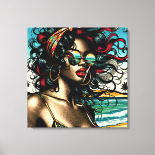 Toile Retro Woman on Beach Comédie Style Pop Art