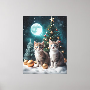 Toile Réveillon de Noël magique avec chatons par arbre