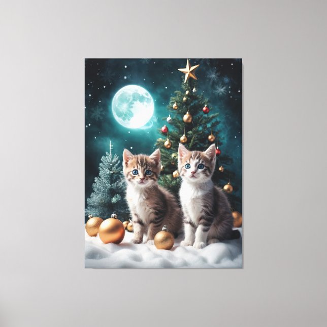 Toile Réveillon de Noël magique avec chatons par arbre (Recto)