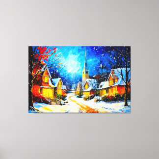 Toile Rêverie d'un village d'hiver au clair de lune