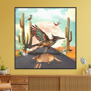 Toile Roadrunner Cactus Moon Surreal Collage