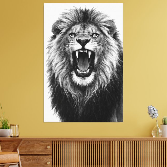 Toile Roaring Lion Black White Powerful Wildlife Art (Insitu(Salon))