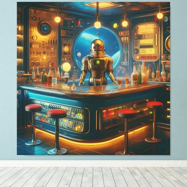 Toile Robot Bartender in Interstellar Space Age Dive Bar (Insitu (Plancher de Bois))
