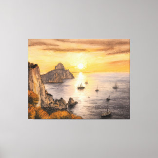 Toile rochers faraglioni de Capri dessin au coucher du s