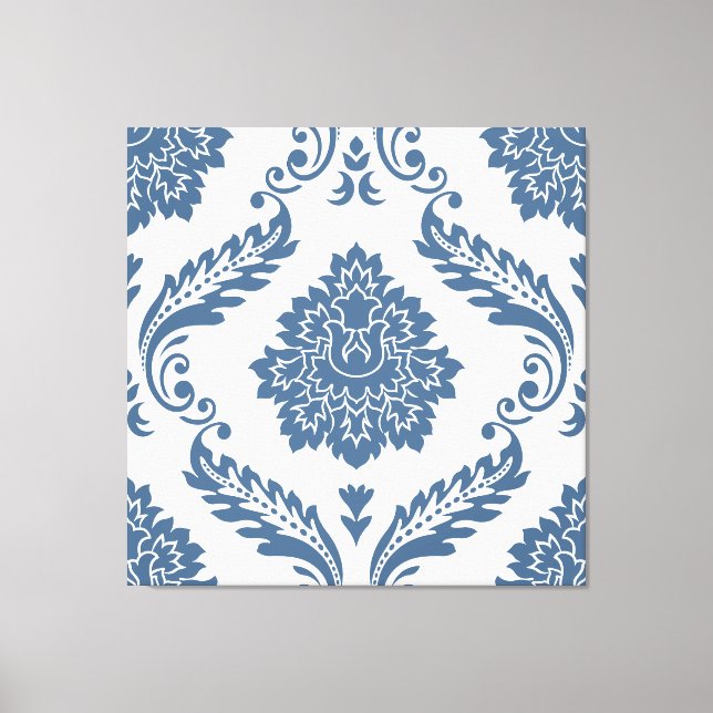 Toile Rococo Damask grand motif bleu sur blanc (Recto)