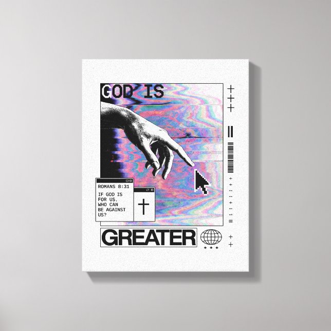 Toile Romans 8:31 Cyberpunk Main de Dieu Glitch Art (Recto)