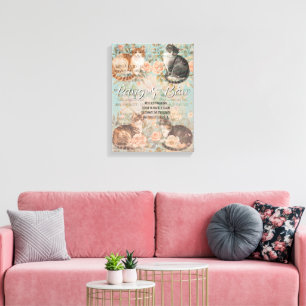 Toile Rose Ancienne Fleurie Jardin de Campagne Chats Pan