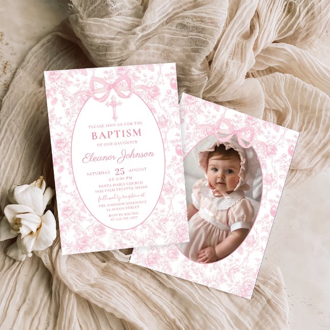 Toile rose Bow Baptême Girl Photo Invitation (Créateur téléchargé)