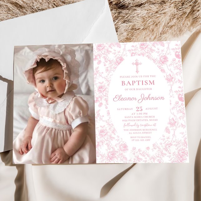 Toile rose Bow Baptême Girl Photo Invitation (Créateur téléchargé)