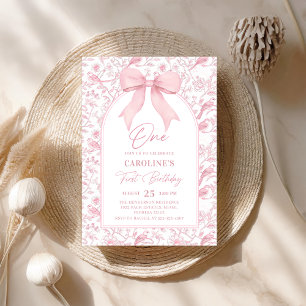 Toile rose Bow Floral 1er anniversaire Invitation