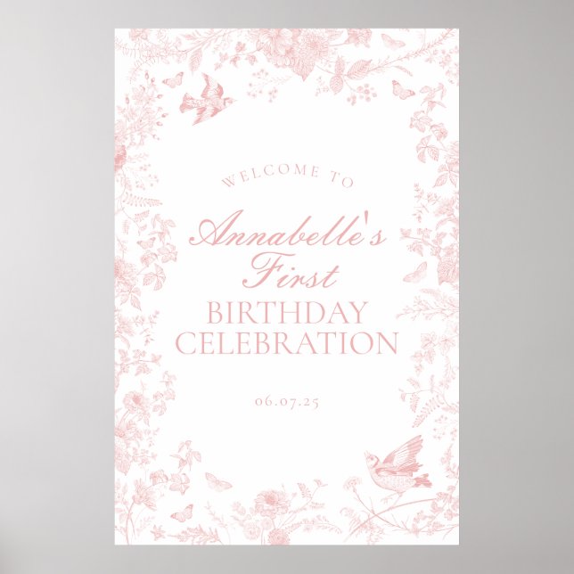 Toile rose de Jouy Affiche de bienvenue d'annivers (Devant)