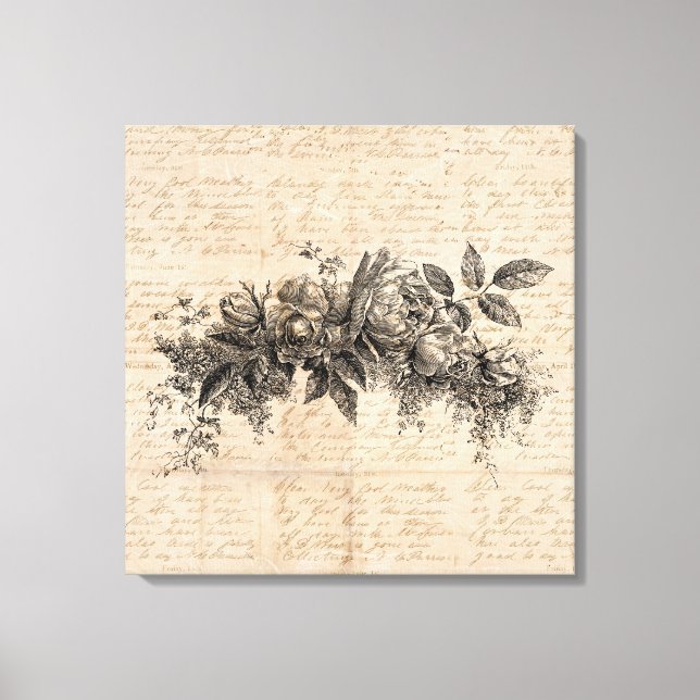 Toile Rose Fleurs Vintage Art Script Arrière - plan (Recto)