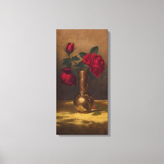 Toile Roses rouges dans un vase japonais sur tissu velou (Recto)