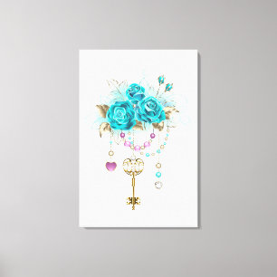 Toile Roses turquoise avec touches