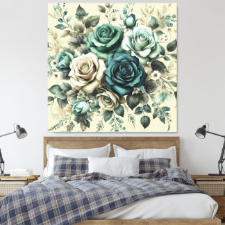Toile Roses turquoises et blanches