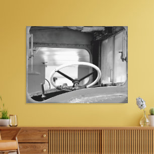 Toile Roue de direction vintage de bus noir et blanc