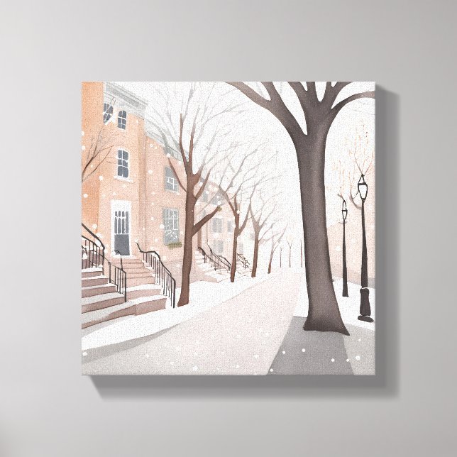Toile Rue Brownstone | Aquarelle hivernale neige (Recto)