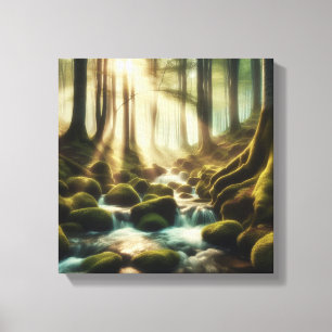 Toile Ruisseau de forêt tranquille avec lumière vintage