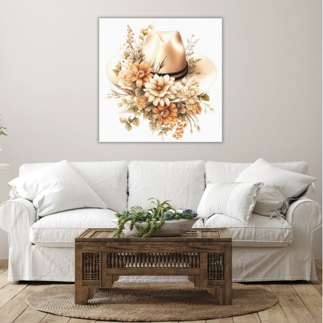 Toile Rustic Cowgirl Casquette Fleurs sauvages élégant a (40x40 Elegant Cowgirl Hat and Wildflowers Canvas Print Shabby Chic Farmhouse)