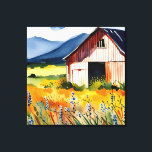 Toile Rustique aquarelle Barre Champ de fleurs<br><div class="desc">Ce design est doté d'une aquarelle et d'une grange rustique et d'un terrain fleuri, situés face aux montagnes bleues. Créé par Simply Farmhouse Press.</div>