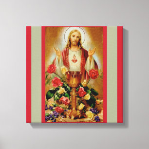 Toile Sacré Coeur Chalice Roses Rosaire Jésus