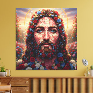 Toile Sacred Heart Jesus Floral Rose Portrait - Premium