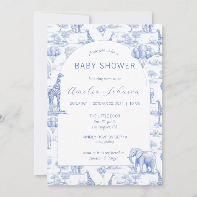 Toile Safari Blue Baby Shower Invitation Animal (Devant)