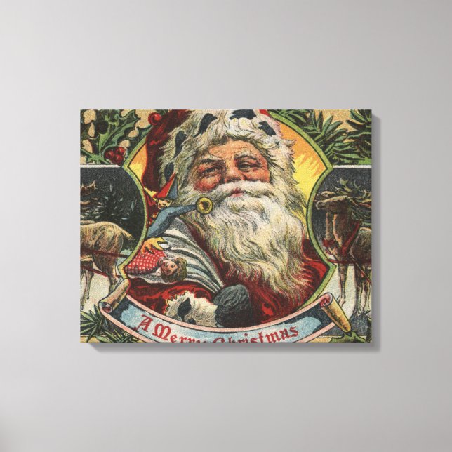 Toile Salutation de NoëlPère Noël et rennes (Recto)