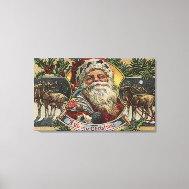 Toile Salutation de NoëlPère Noël et rennes (Recto)