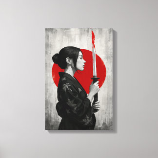 Toile Samurai femme avec Katana devant le soleil rouge