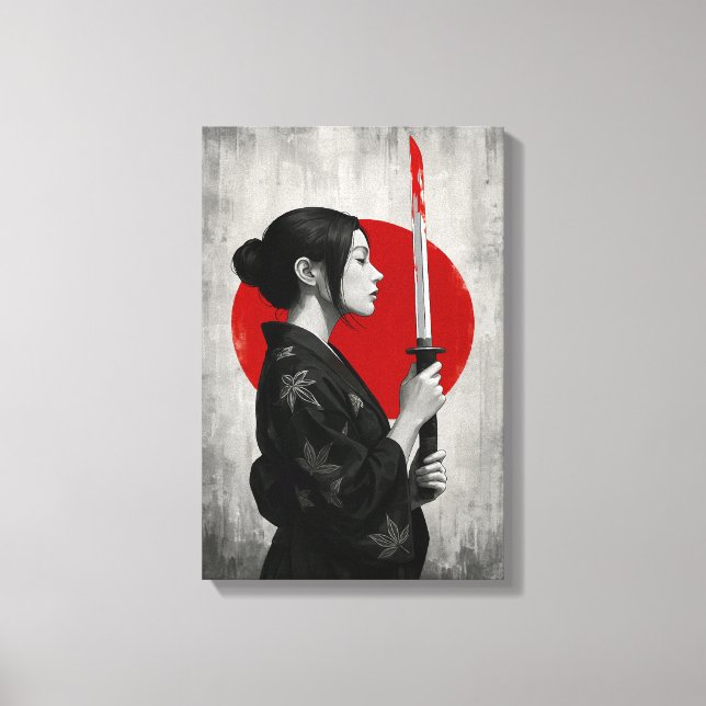 Toile Samurai femme avec Katana devant le soleil rouge (Recto)
