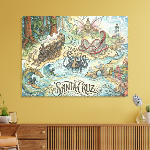 Toile Santa Cruz Californie Carte Illustrée Mythique