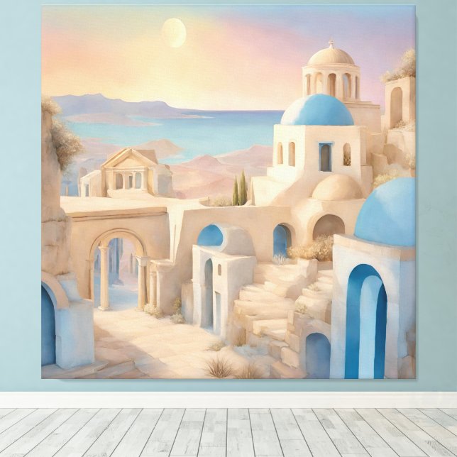 Toile Santorin rêveuse Grèce aquarelle - Dôme bleu  (Insitu (Plancher de Bois))