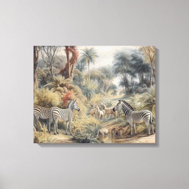 Toile Scène botanique de zèbres et lions dans une oasis (Recto)