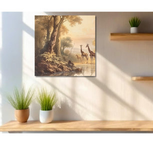 Toile Scène botanique vintage de girafes au bord du fleu