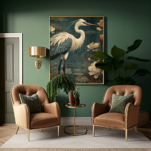 Toile scène botanique vintage grue bleue et lotus aussi