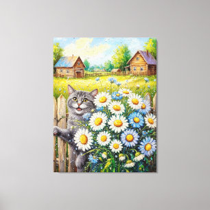 Toile Scène charmante de cottage avec chat et bouquet de